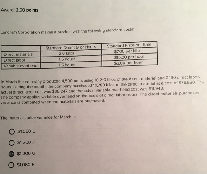 Award: 2.00 points Landram Corporation makes a product with the following standard costs: Standard Quantity or Hours Standard Price or Rate Direct materials Direct labor Variable overhead 2.0 kilos 1.5 hours 1.5 hours $7.00 per kilo $15.00 per hour $3.00 per hour In March the company produced 4,500 units using 10,210 kilos of the direct material and 2,190 direct labor- hours. During the month, the company purchased 10.780 ki hours. During the month, the company purchased 10780 kilos of the direct material at a cost of $76,660. The actual direct labor cost was $38,247 and the actual variable overhead cost was $11,948 The company applies variable overhead on the basis of direct labor-hours. The direct materials purchases variance is computed when the materials are purchased. The materials price variance for March is: O $1,060 U O$1.200 F $1,200 U $1,060 F 