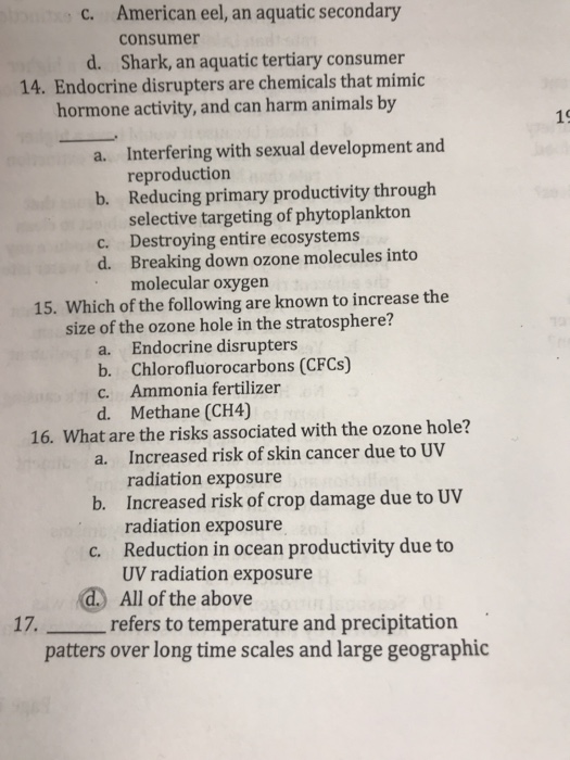 Question: American eel, an aquatic secondary consumer Shark, an aquatic tertiary consumer c. d. 14. Endocri...