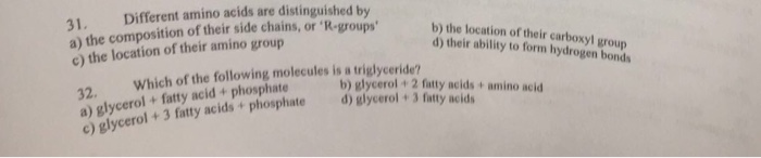 Question: Different amino are by distinguished by  a) the composition their side chains, or?R-groups  b) th...