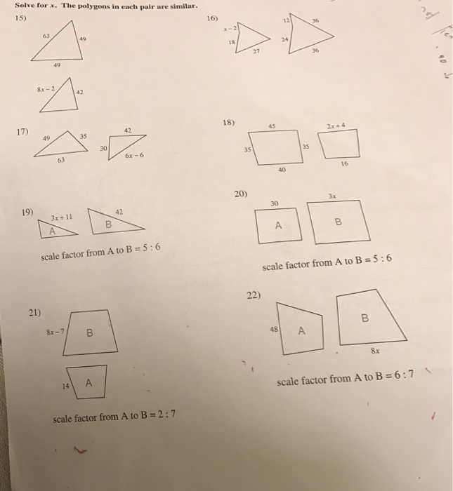 Solve for x. the triangles in each pair are similar image