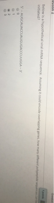 Question: Below is a hypothetical viral mRNA sequence. Assuming it could encode overlapping genes, how many...