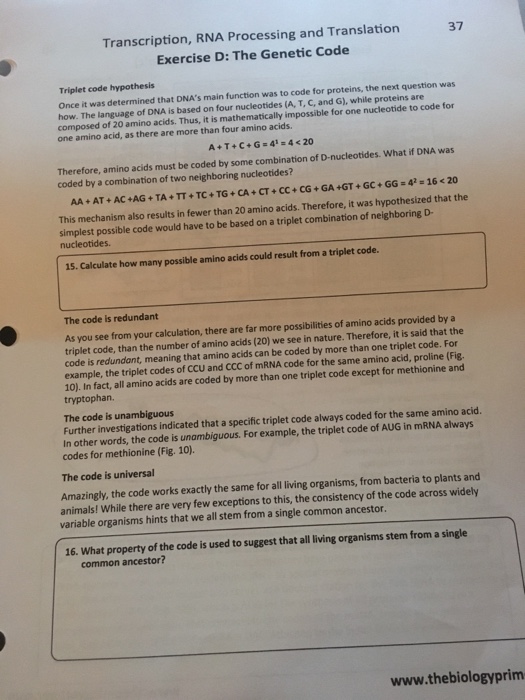 Question: Transcription, RNA Processing and Translation Exercise D: The Genetic Code 37 Triplet code hypoth...