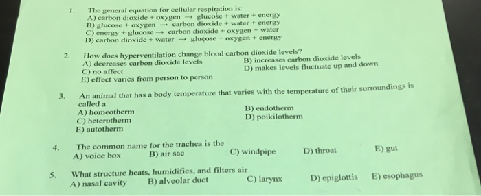 Question: 1. The general equation for cellular respiration is: A) carbon dioxide + oxygen → glucose + wat...