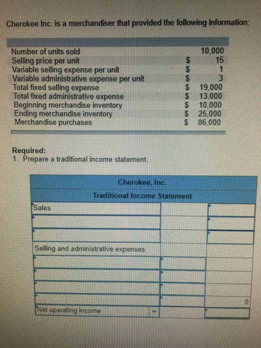 Cherokee Inc is a merchandiser that provided the following information 10,000 15 Number of units sold Selling price per unit Variable selling expense per unit Variable administrative expense per unit Total fixed selling expense Total fixed administrative expense Beginning merchandise inventory Ending merchandise inventory Merchandise purchases 3 S 19,000 $ 13,000 $ 10,000 $ 25,000 S 86.000 Required: 1 Prepare a traditional income statement Cherokee, Inc. Traditional Income Statement Sales Selling and administrative expenses Net operating income 