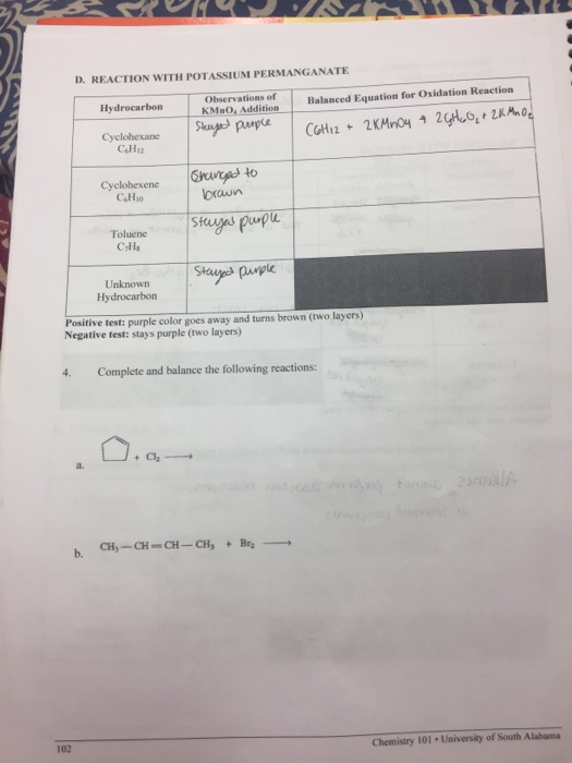 Solved Reaction With Potassium Permanganate Balanced Equa 1458