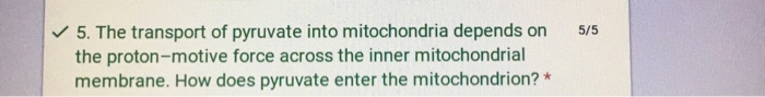 Question: 5. The transport of pyruvate into mitochondria depends on 5/s the proton-motive force across the ...