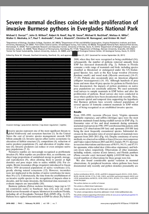 Question: Severe mammal declines coincide with proliferation of invasive Burmese pythons in Everglades Nati...