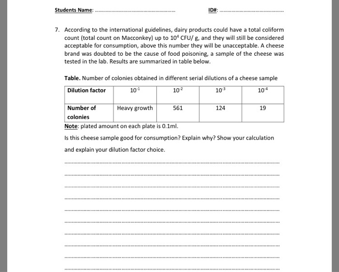 Question: 7. According to the international guidelines, dairy productscould have a total coliform count (t...