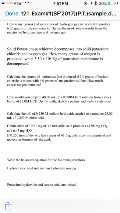 Question: .oooo AT&T令 7:51 PM Done 121 Exam#1(SF'2017)(P.TJsample.d How many grams and molecules of hydrog...