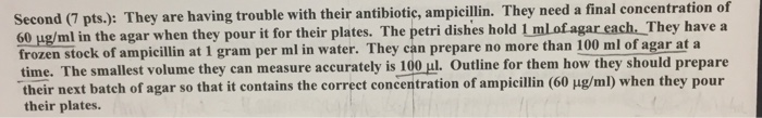 Question: Second: They are having trouble with their antibiotic, ampicillin. They need a final concentratio...