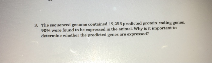 Question: The sequenced genome contained 19,253 predicted protein-coding genes. 90% were found to be expres...