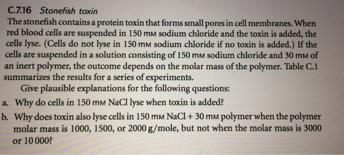 Question: C. 716 Stonefish toxin The stonefish contains a protein toxin that forms small poresin cell membr...