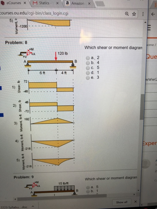 Question: Ecourses × / M1 Statics, x a Amazon × ourses.ou.edu/cgi-bin/class login.cgi 1200 Problem: 8 ome...