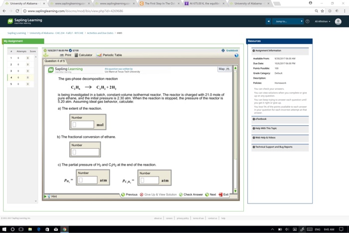 Question: Sapling Learning Question 2 af The first step in the Ostwald process (used to produce nitric acid...