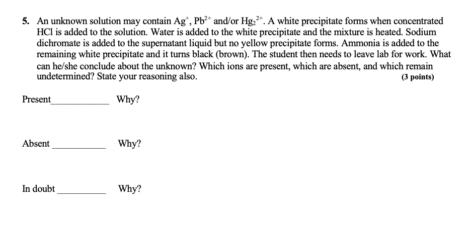 Solved An Unknown Solution May Contain Ag Pb And Or Chegg