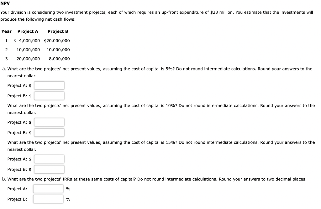 Solved NPV Your Division Is Considering Two Investment Chegg