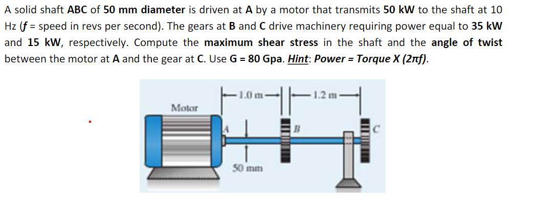 Solved A Solid Shaft Abc Of Mm Diameter Is Driven At A