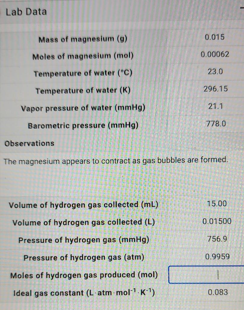 Solved Help My Calculations For Moles Of Hydrogen Gas Chegg