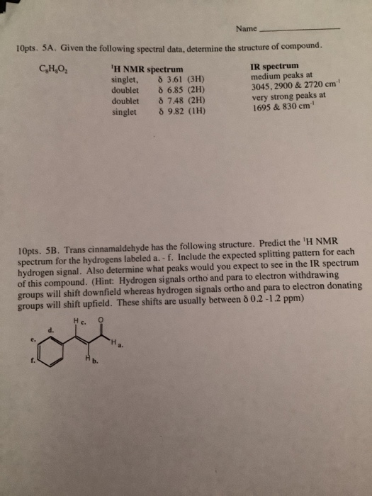 Solved Name Pts A Given The Following Spectral Data Chegg