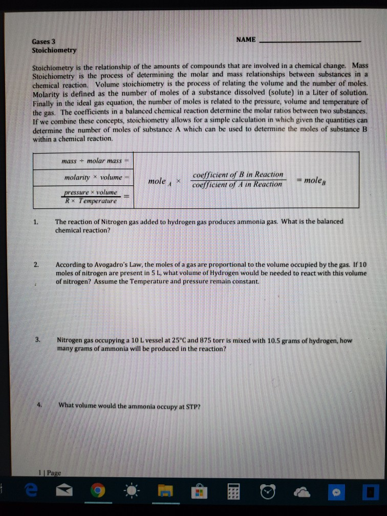 Solved Name Gases Stoichiometry Stoichiometry Is The Chegg