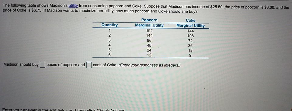 Solved The Following Table Shows Madison S Utility From Chegg