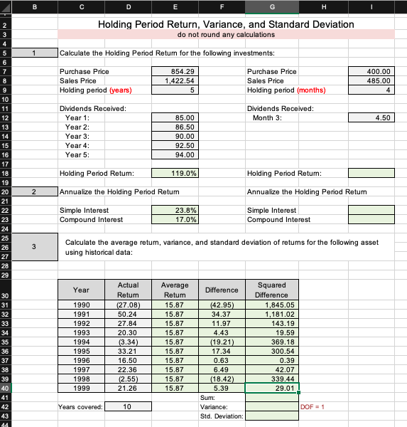 Ε Holding Period Return Variance and Standard Chegg