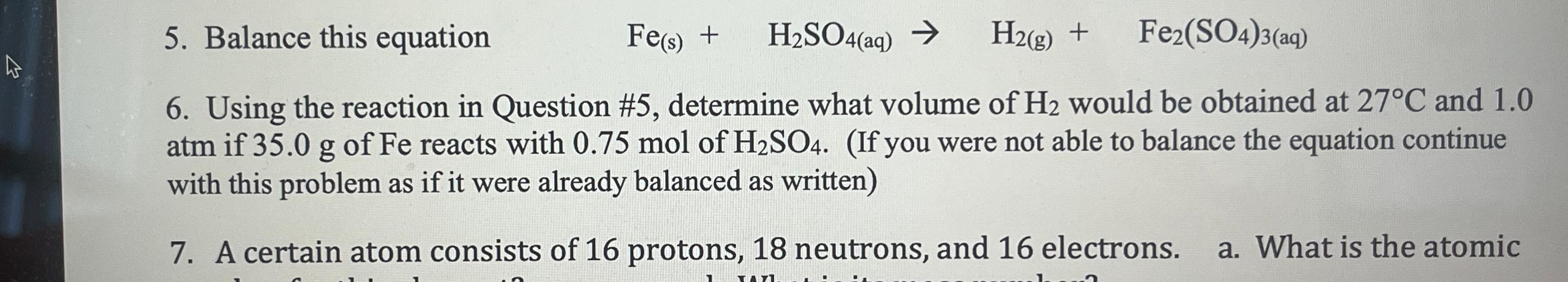 Solved 5 Balance This Equation Fe S H2SO4 Aq H2 Chegg