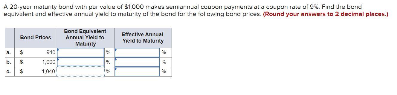 Solved A 20 Year Maturity Bond With Par Value Of 1 000 Chegg