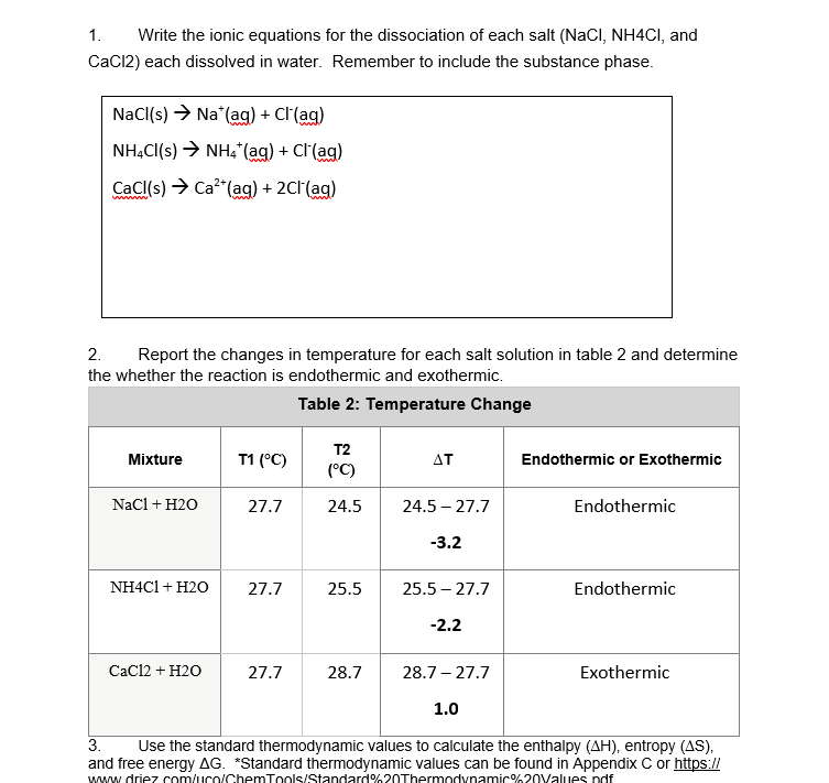 Solved Experiment Enthalpy Entropy And Gibbs Free Chegg