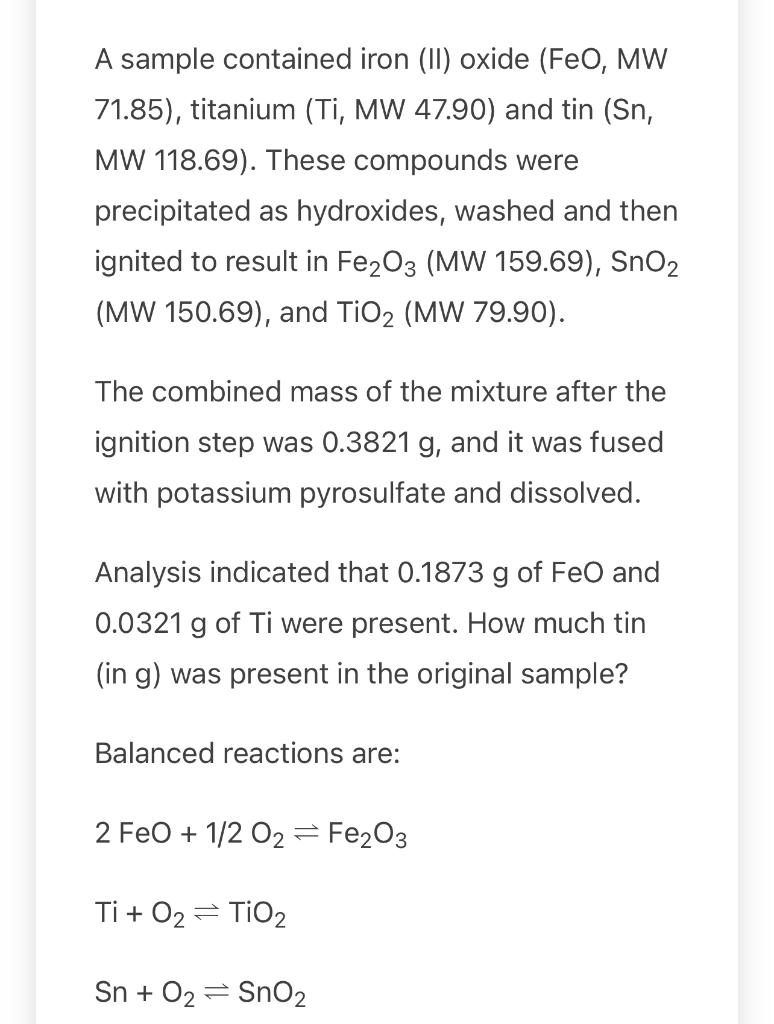 Solved A Sample Contained Iron Ii Oxide Feo Mw Chegg