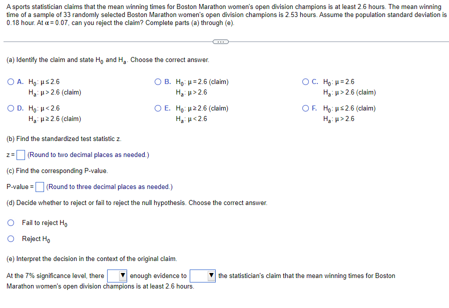 Solved A Sports Statistician Claims That The Mean Winning Chegg