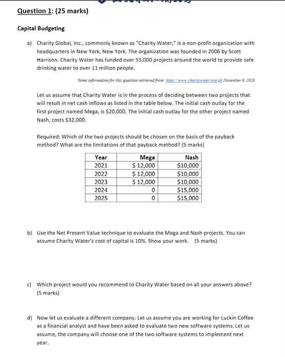 Solved Capital Budgeting A Charity Global Inc Commonly Chegg