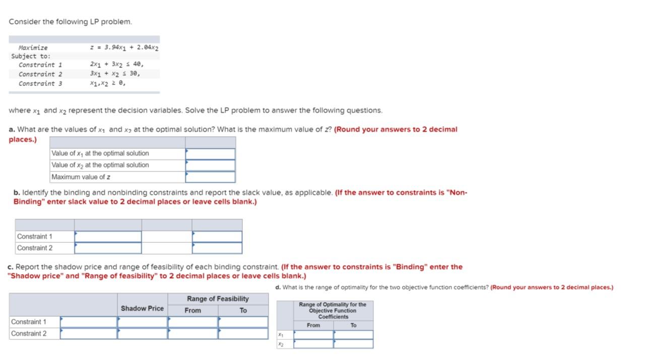 Solved Consider The Following LP Problem 2 3 94x1 Chegg