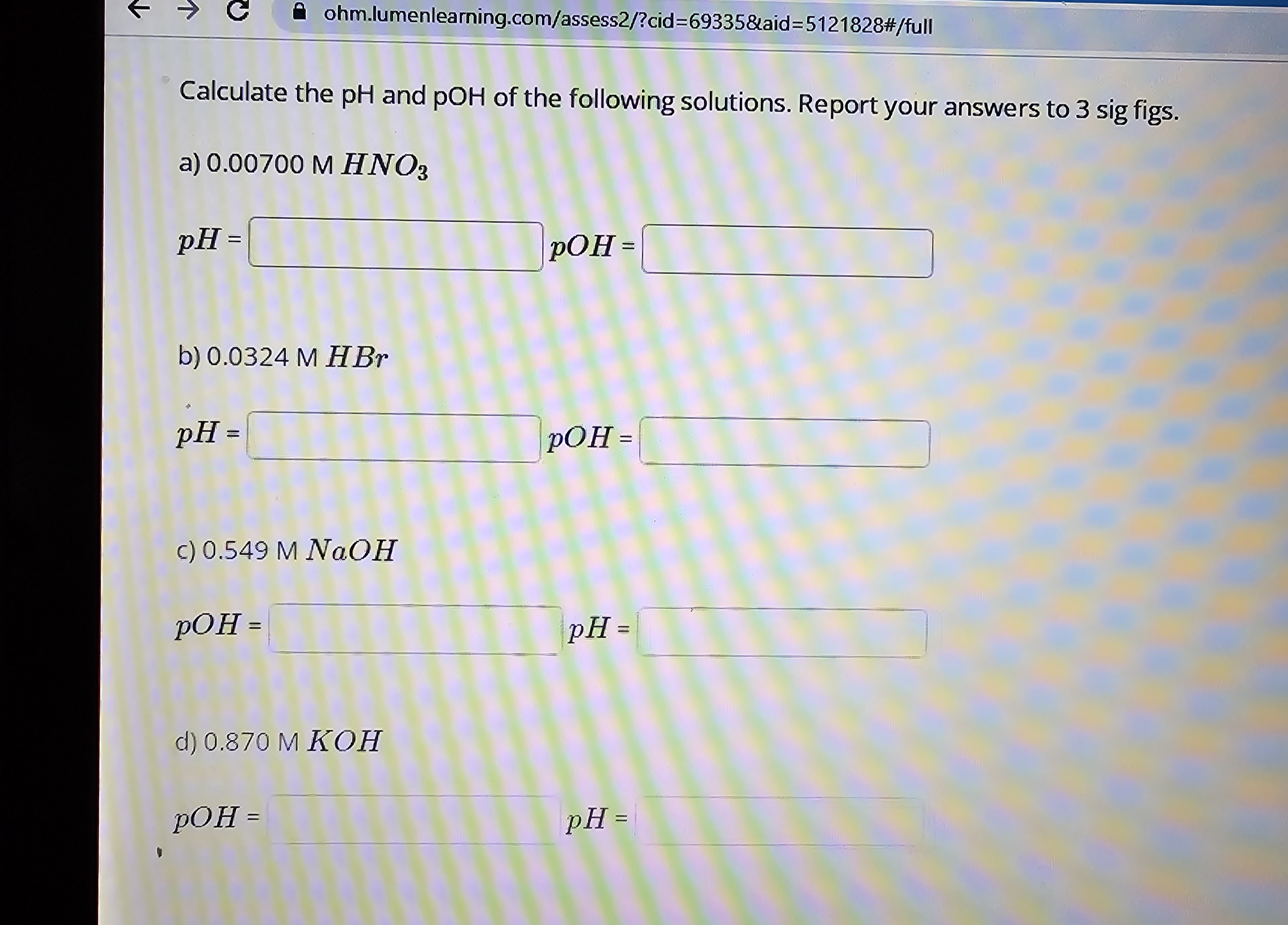 Solved Calculate The Ph And Poh Of The Following Solutions Chegg