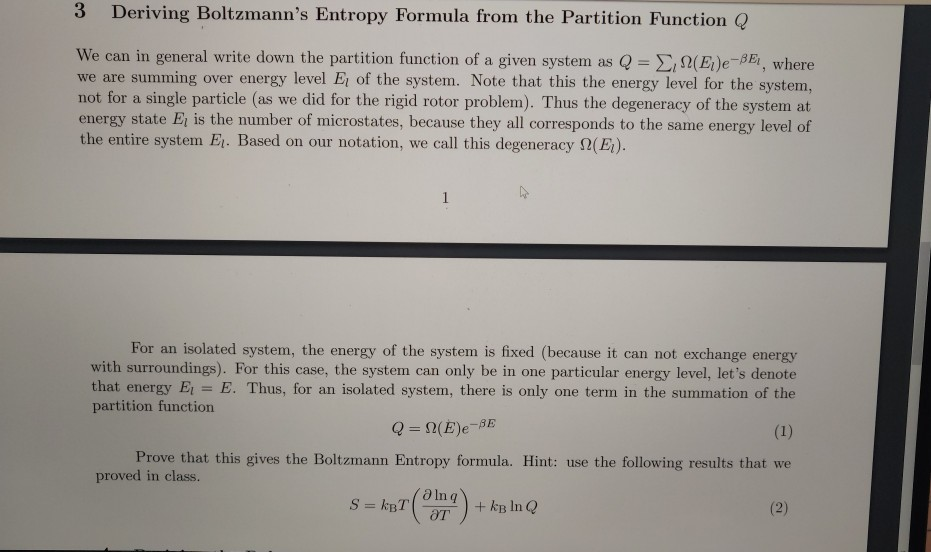 Solved 3 Deriving Boltzmann S Entropy Formula From The Chegg