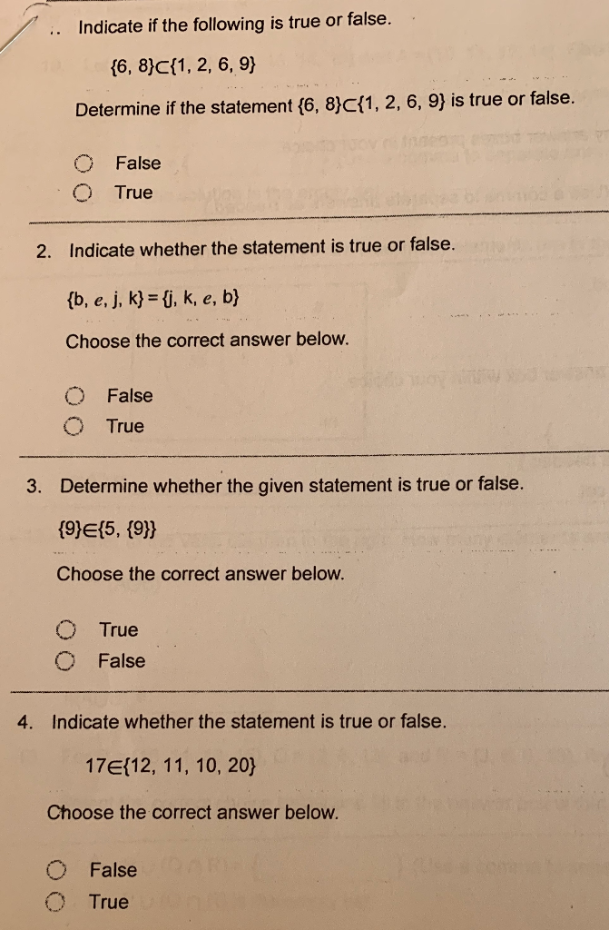 Solved Indicate If The Following Is True Or False Chegg