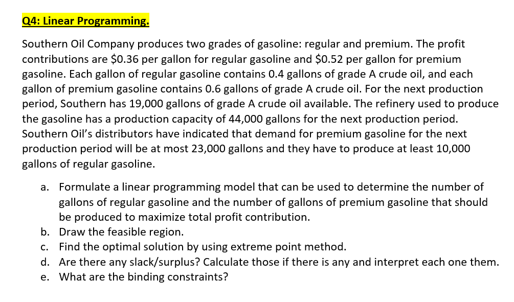 Solved Southern Oil Company Produces Two Grades Of Gasoline Chegg