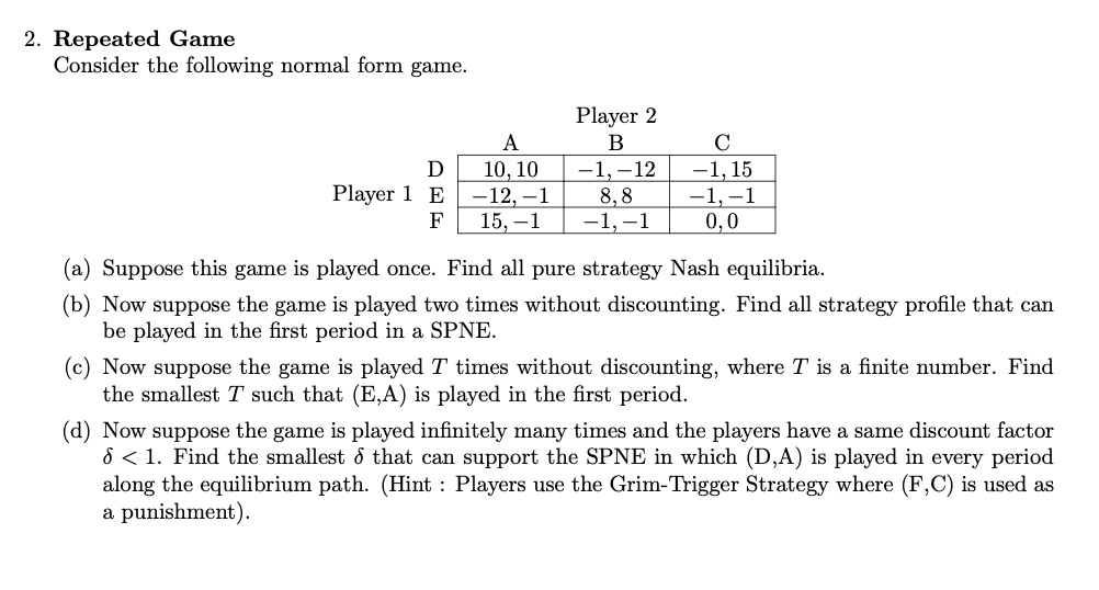 Solved Repeated Game Consider The Following Normal Form Chegg