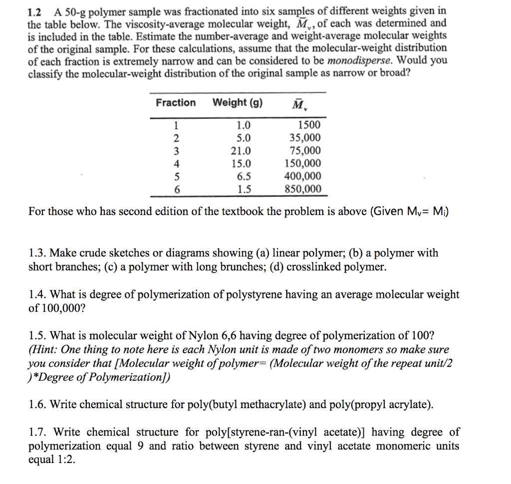 Solved 1 2 A 50 G Polymer Sample Was Fractionated Into Six Chegg