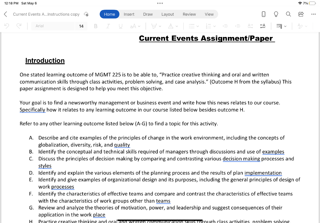 Introduction One Stated Learning Outcome Of MGMT 225 Chegg