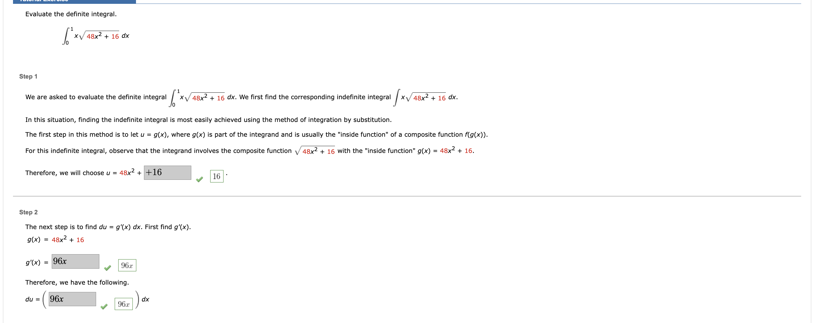 Solved Evaluate The Definite Integral 01x48x2 16dx Step 1 Chegg