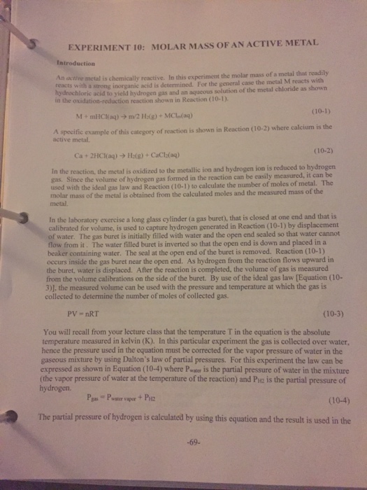 Solved Experiment Molar Mass Of An Active Metal Metal Is Chegg