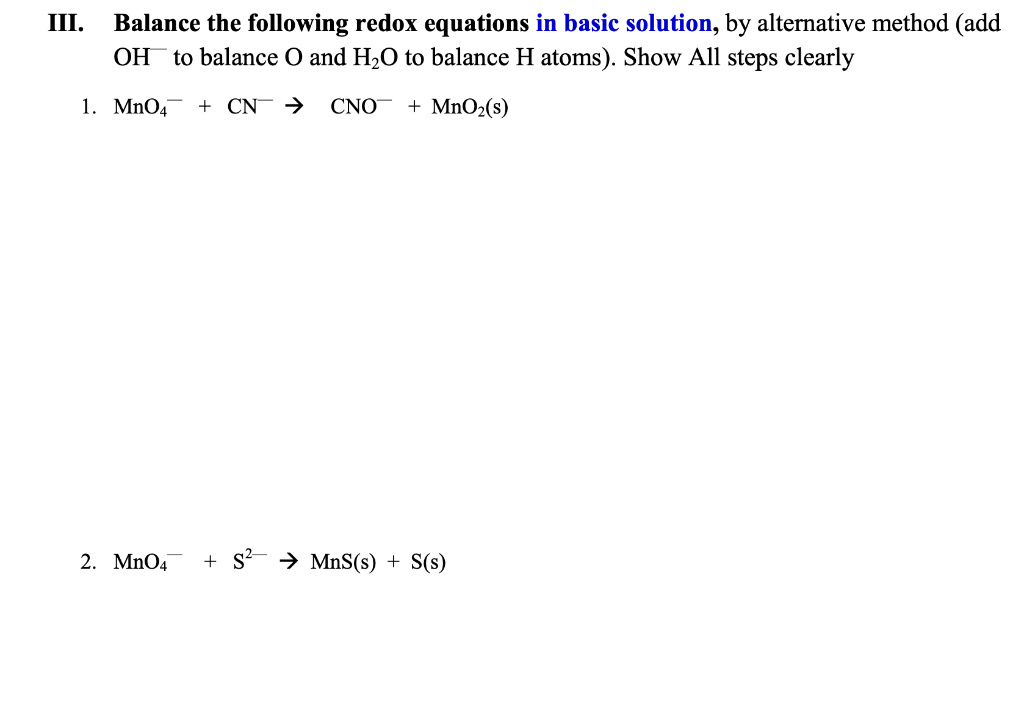 Solved I Balance The Following Redox Equations In Acidic Chegg