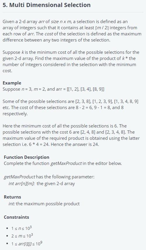 Solved Given A 2 D Array Arr Of Size Nm A Selection Is Chegg