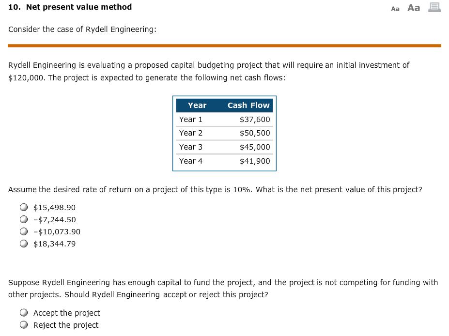 Solved 10 Net Present Value Method Aa Aa Consider The Case Chegg