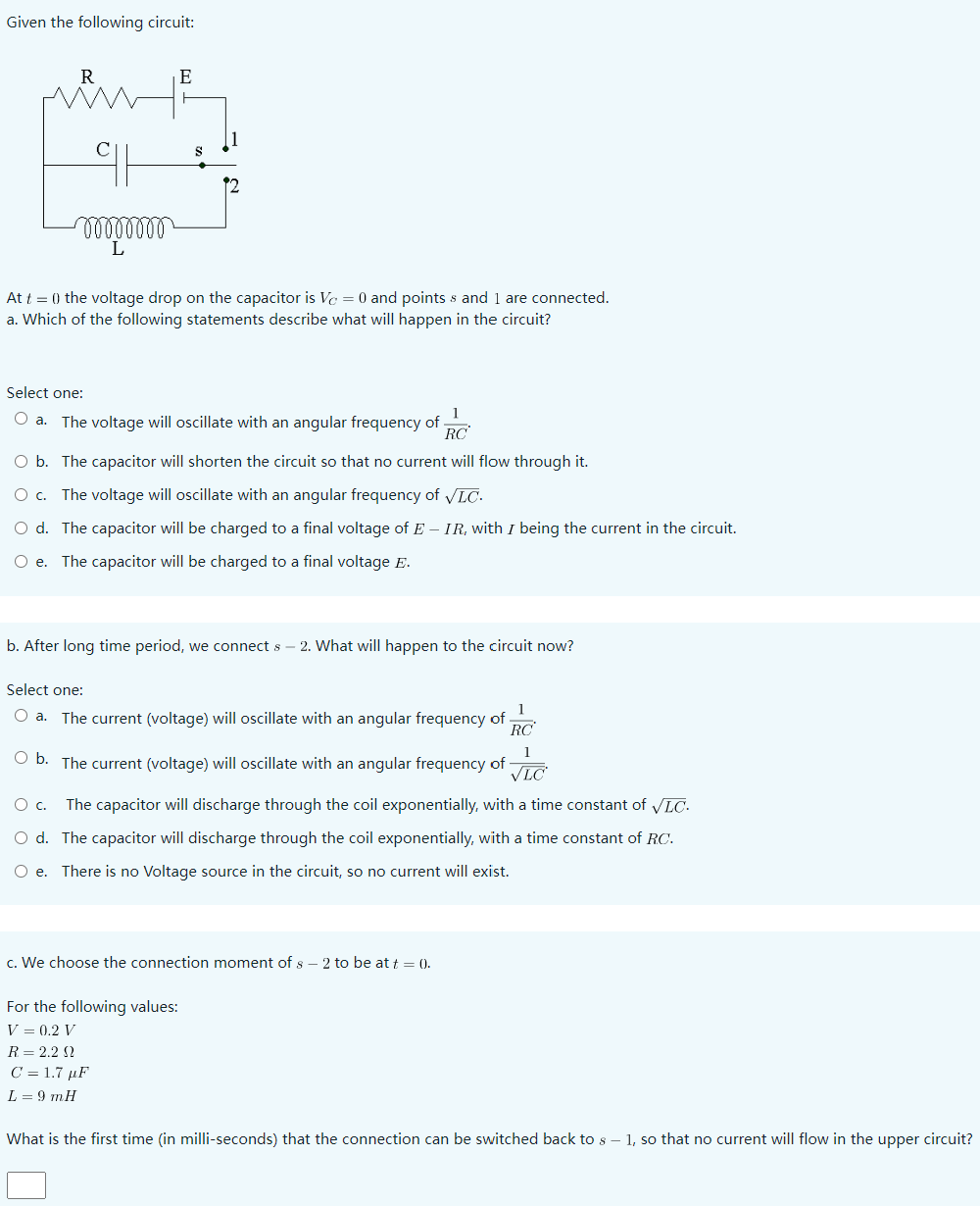 Solved Given The Following Circuit At T The Voltage Drop Chegg