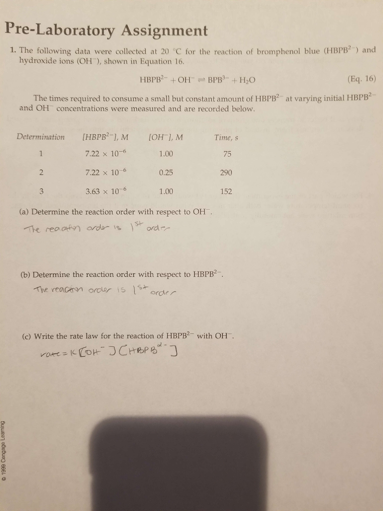 Solved Pre Laboratory Assignment The Following Data Were Chegg