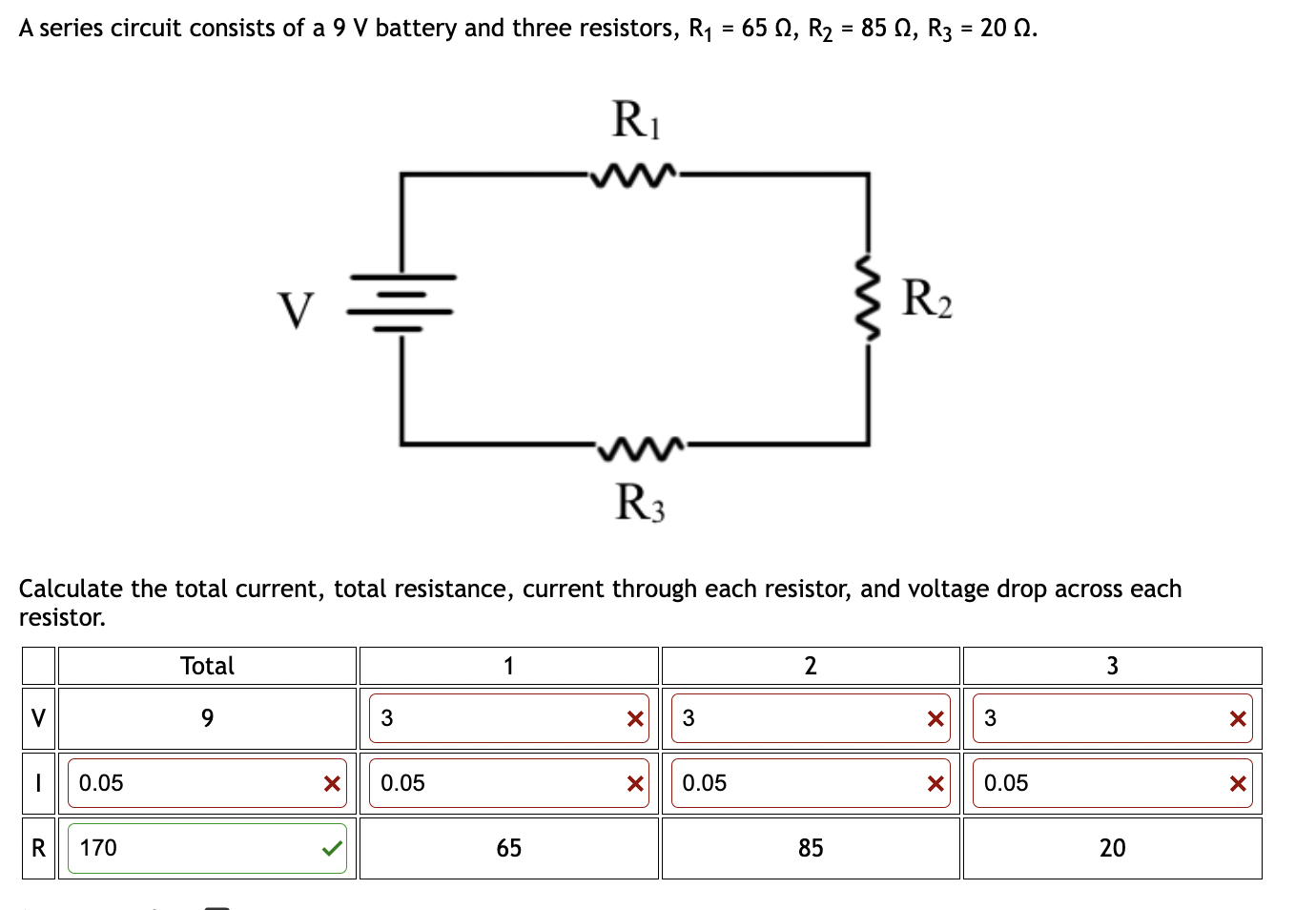 Solved A Series Circuit Consists Of A 9 V Battery And Three Chegg