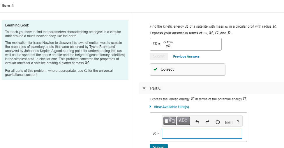 Solved Item 4 Find The Kinetic Energy K Of A Satellite With Chegg