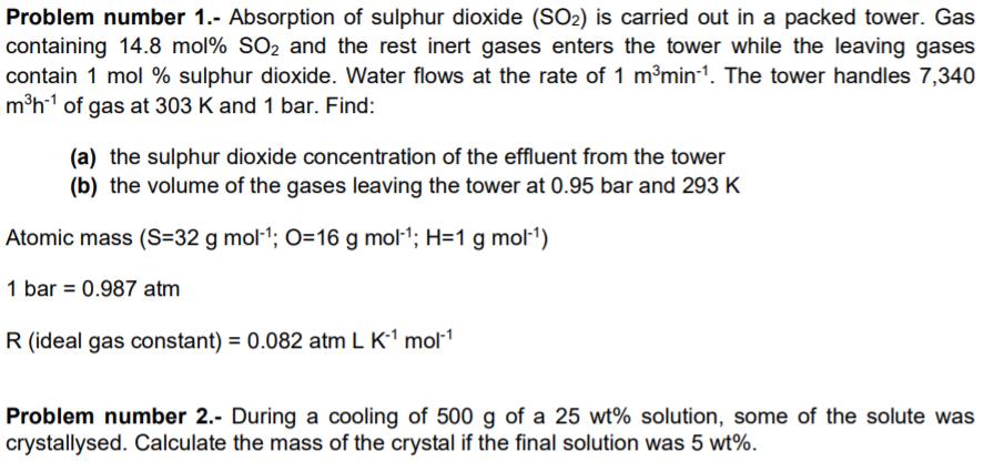 Solved Problem Number Absorption Of Sulphur Dioxide Chegg